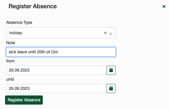 Input mask for entering employee absences.