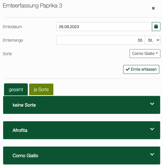 Ernteerfassung Paprika (pro Sorte).